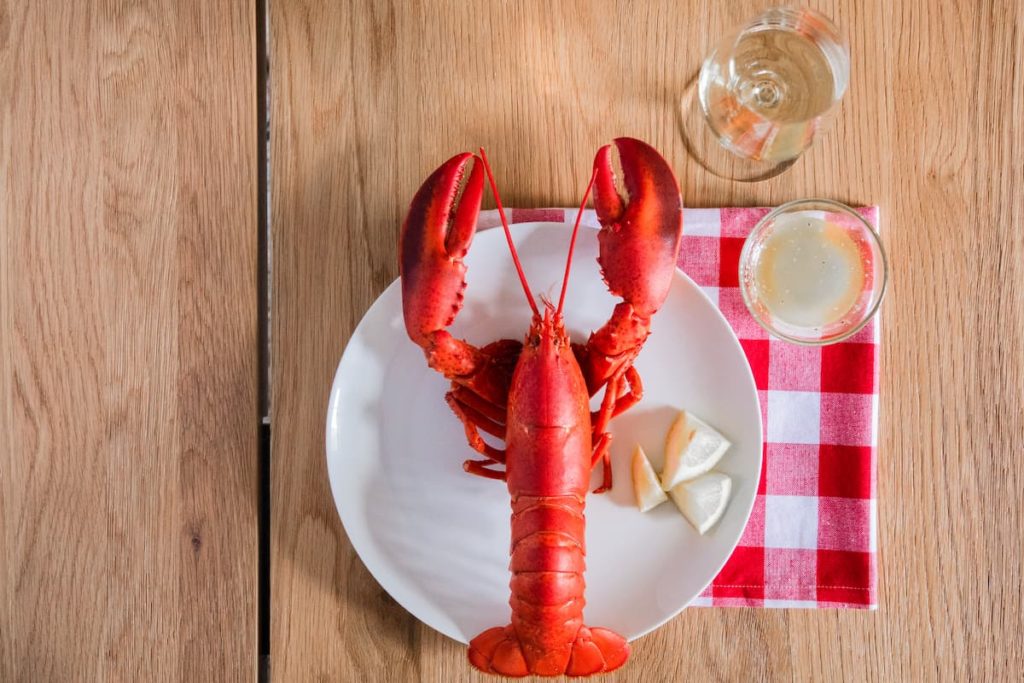 A top down view of a perfectly cooked lobster on a plate next to a gingham napkin.