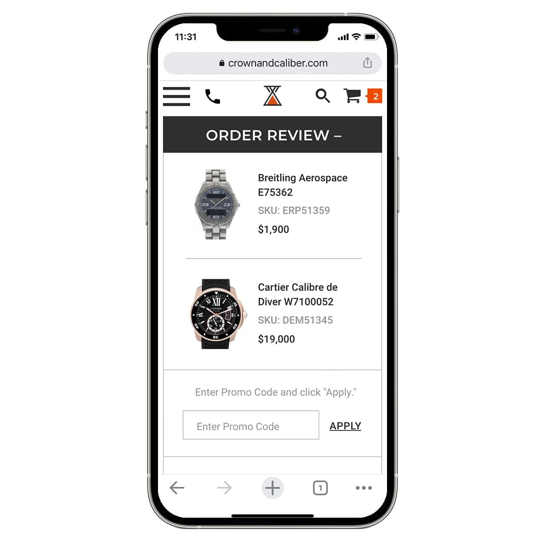 A mobile view of the cart page of Crown and Caliber's website.