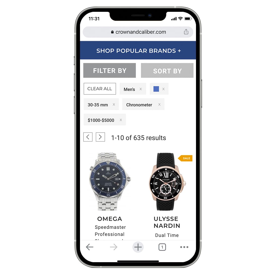A mobile view of a collection page of Crown and Caliber's website.