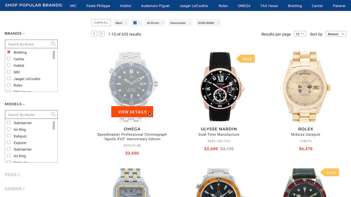 A display of the collection page on Crown and Caliber's website.