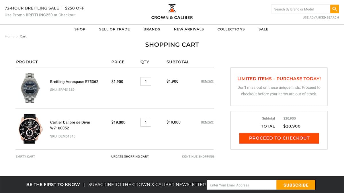 A view of the shopping cart page from Crown and Caliber's website.