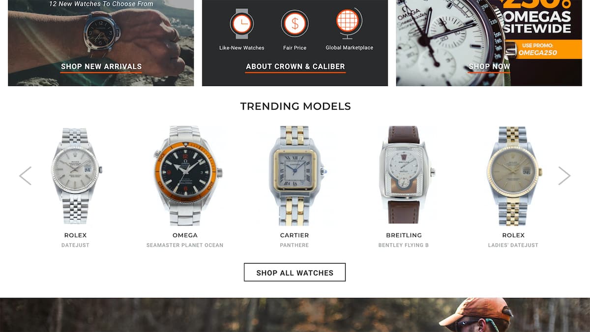 A view of part of the desktop of Crown and Caliber's front page neatly displaying an array of luxury watches.