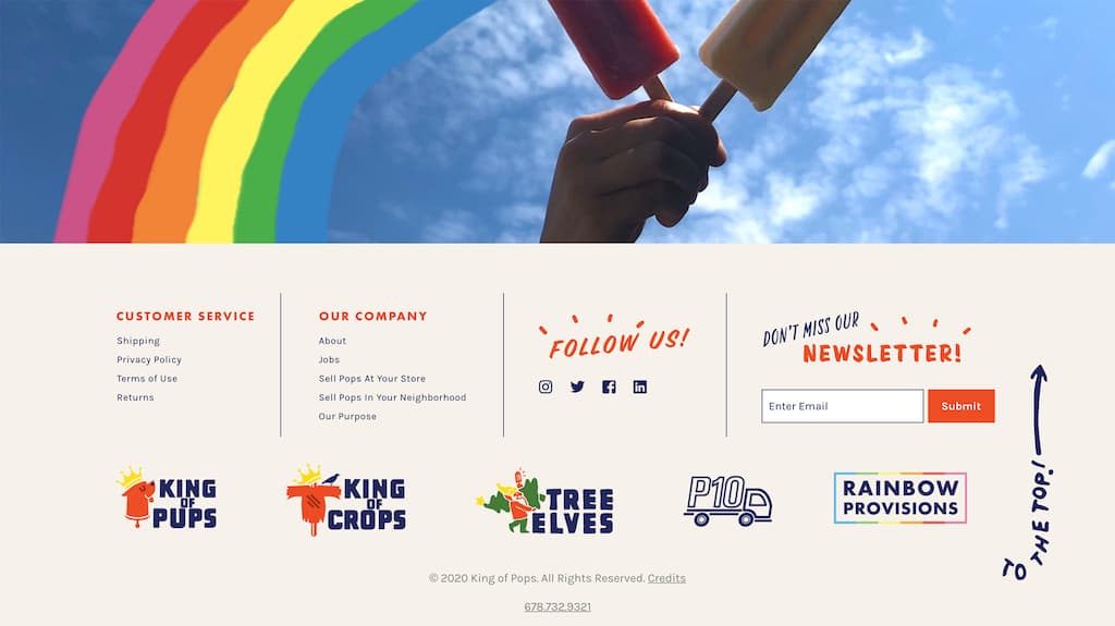 A desktop view of the King of Pops site footer