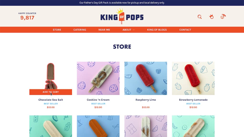 A desktop view of the King of Pops site product line page