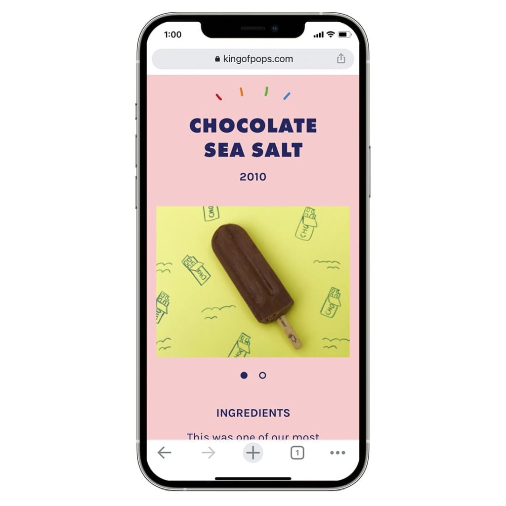 A mobile view of a King of Pops product page (Chocolate Sea Salt--yum)