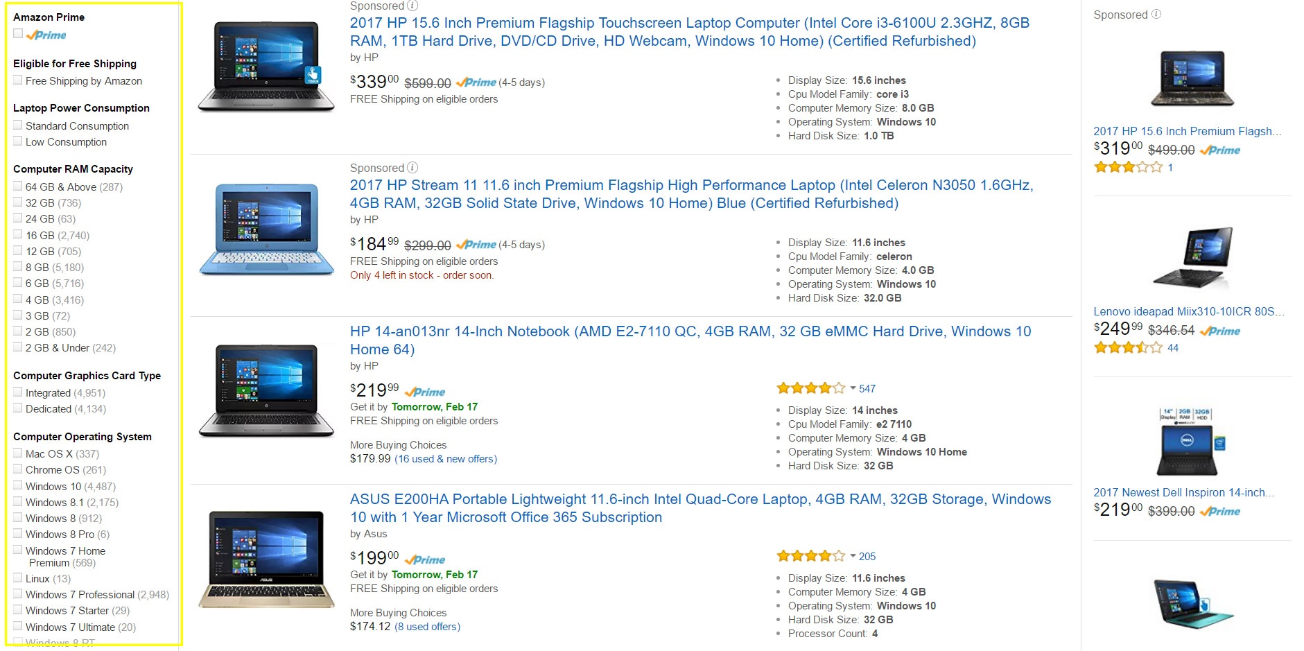  For example, a laptop will have several components with their own distinct values. A  screen size  measured in  inches , a  hard drive  measured in  GB , and so on. These are commonly seen at the left side of the Amazon search results page. 