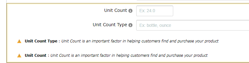 Edit product, yellow triangle and missing invalid information