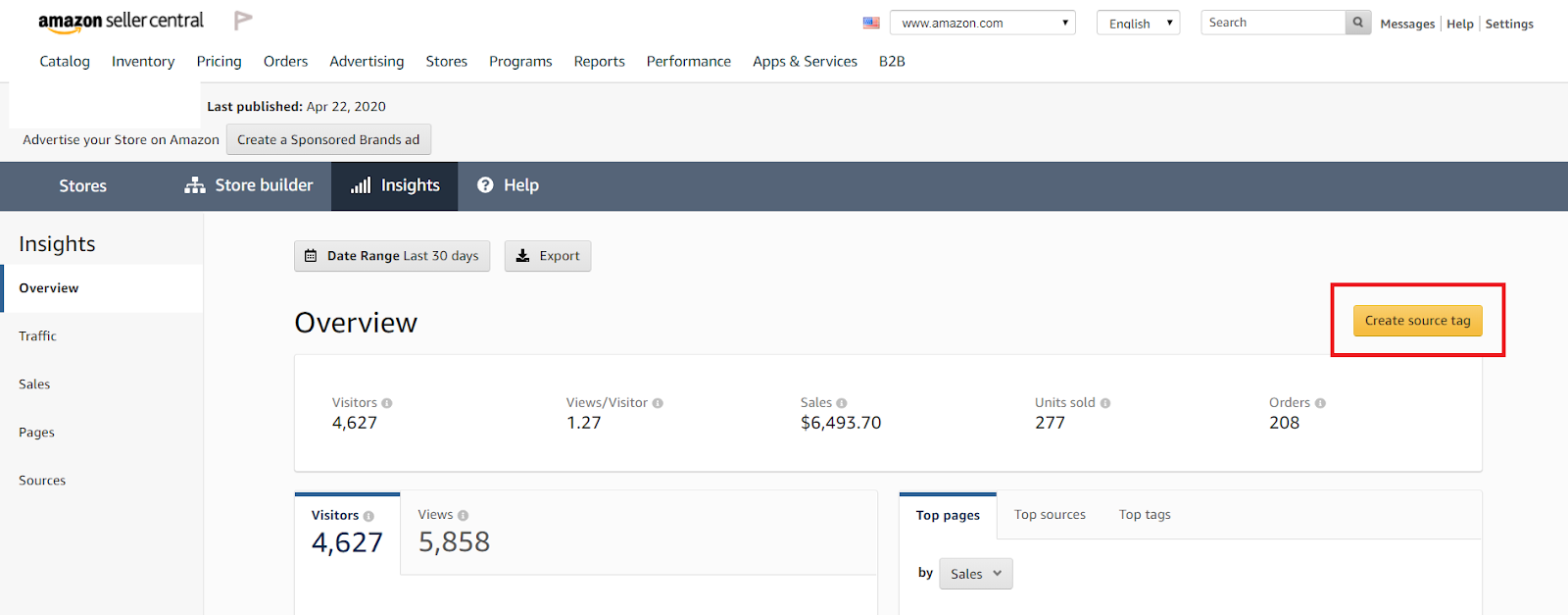 ‘Create source tag’ button on the Insights tab within the Storefront section of your Seller Central dashboard.