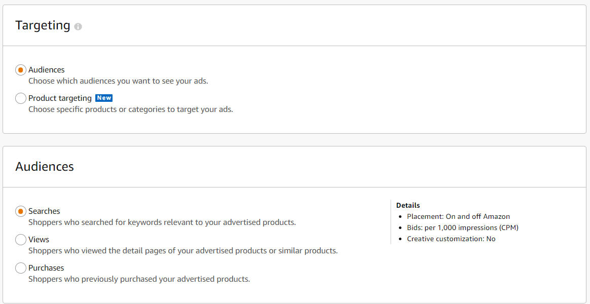 Screenshot of the various Targeting options for Sponsored Display ads-1