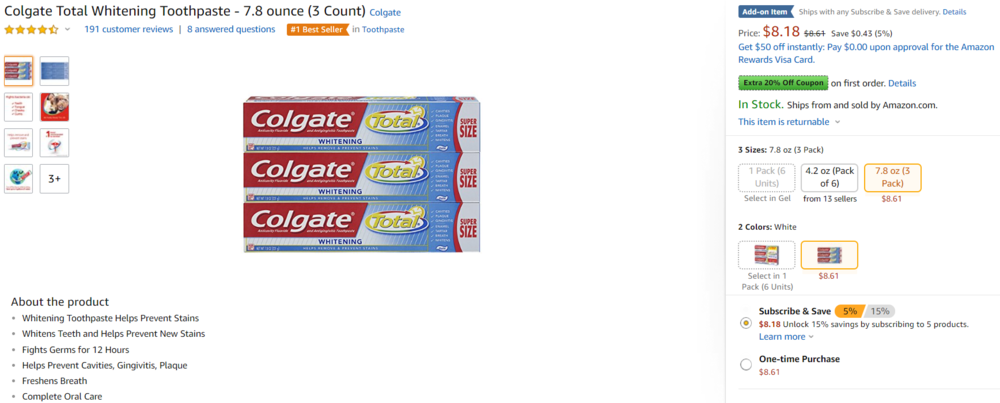   Colgate Toothpaste parent ASIN with multiple child variations. Source: Amazon.com  